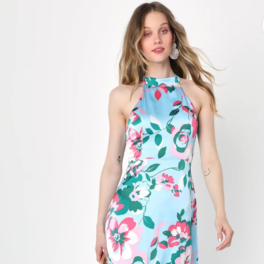 Halter Midi Dress Blue Flowers